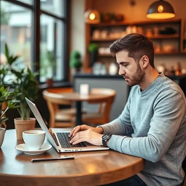 A person working on a laptop in the cozy coffee shop.