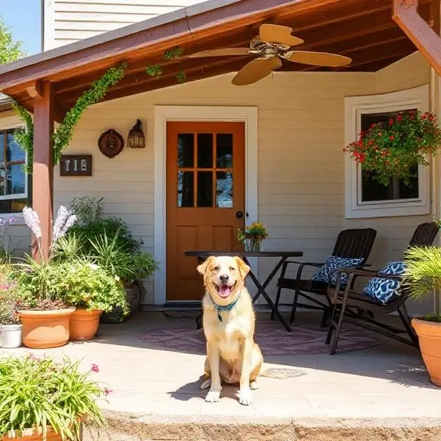 The sunny and welcoming outdoor patio area with a happy dog.