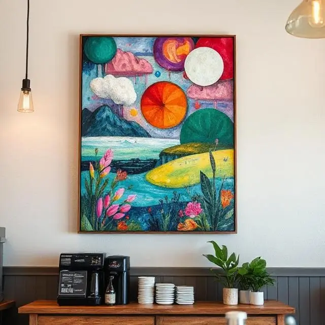 A vibrant piece of local art hanging on the coffee shop wall.