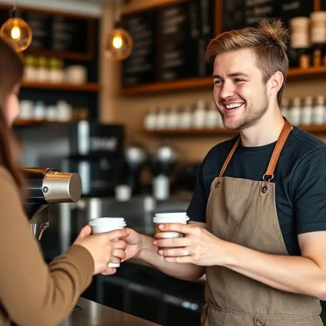 A friendly barista smiling while handing a coffee to a customer.