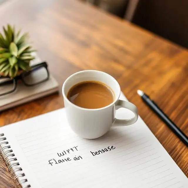 A cup of coffee placed on a table with a notebook, symbolizing future plans.