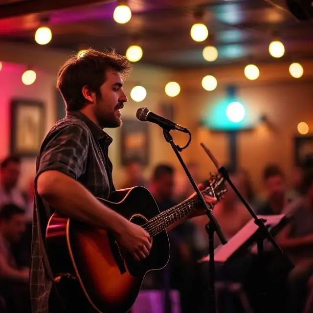 A musician performing with passion at an open mic night.