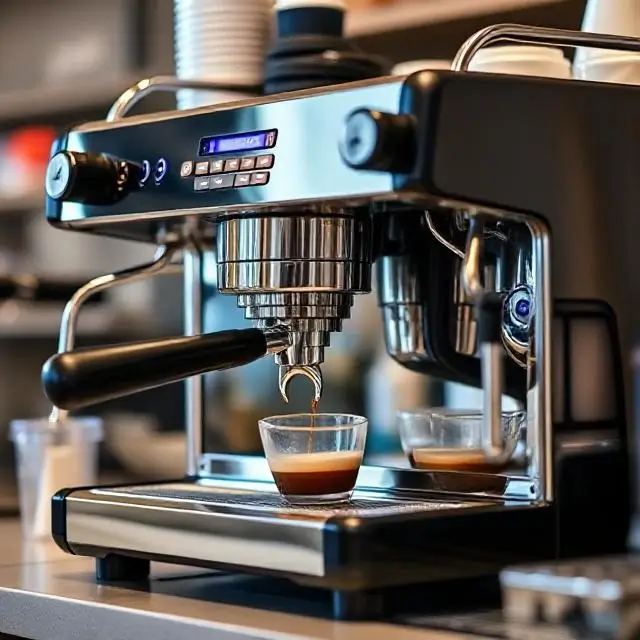 A professional espresso machine in action.