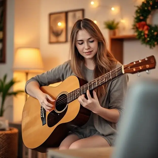 A female musician playing an acoustic guitar in a cozy setting.
