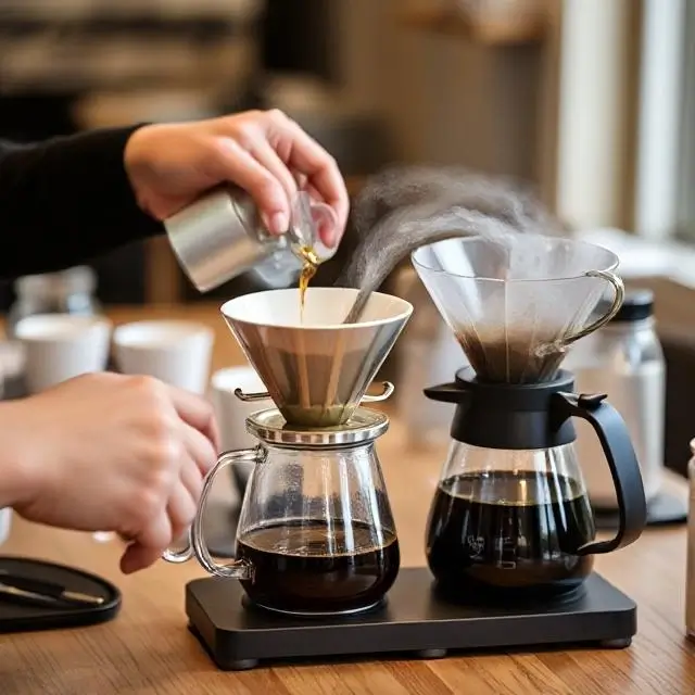A hands-on coffee workshop in progress with pour-over equipment.
