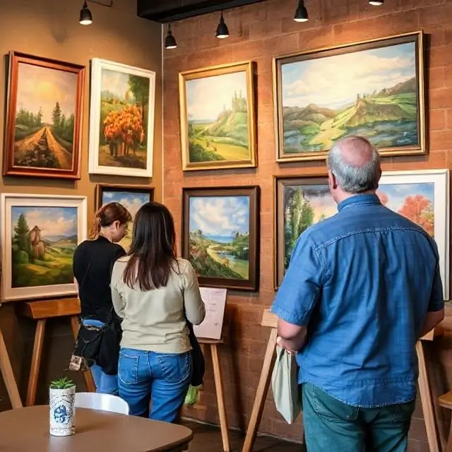 People admiring paintings at a local artist showcase in the coffee shop.