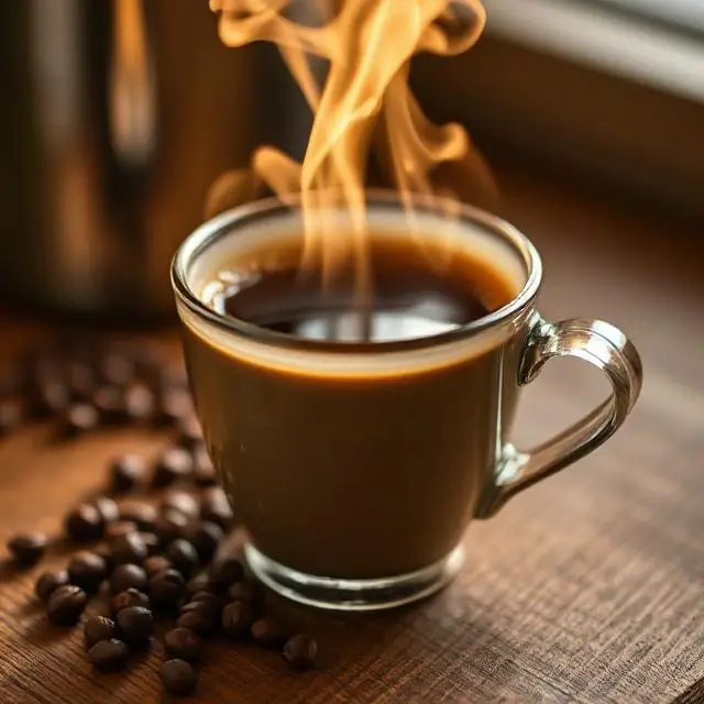 A steaming cup of our signature blend coffee.