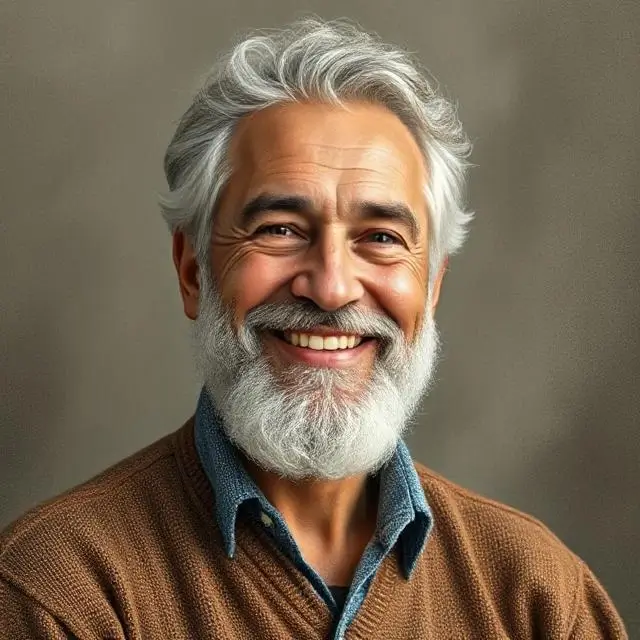 A portrait of the founder, smiling.