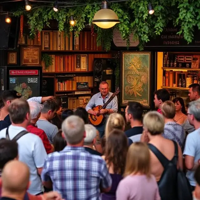 A crowd enjoying a live music performance at the shop.