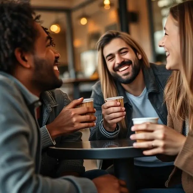 A close-up of friends laughing and talking over coffee.