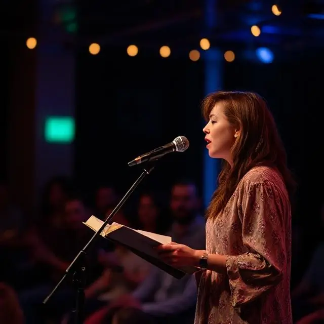 A poet performing passionately during Open Mic Night.