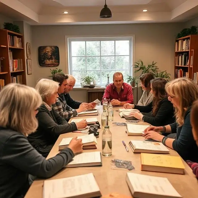 A lively book club discussion happening at a large table.