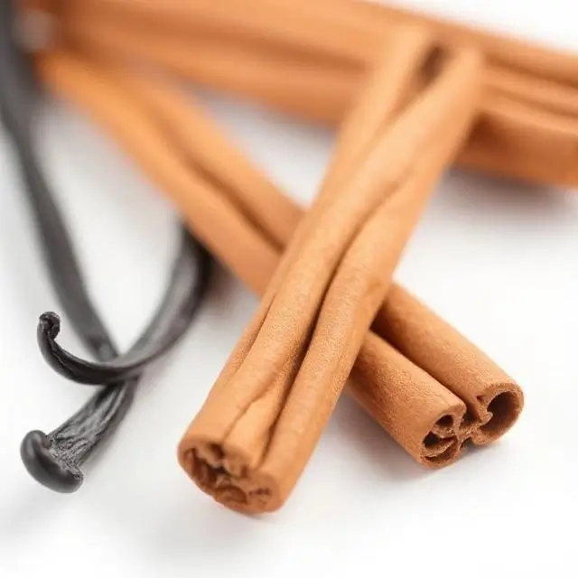 Whole vanilla beans and a cinnamon stick, representing natural flavors.