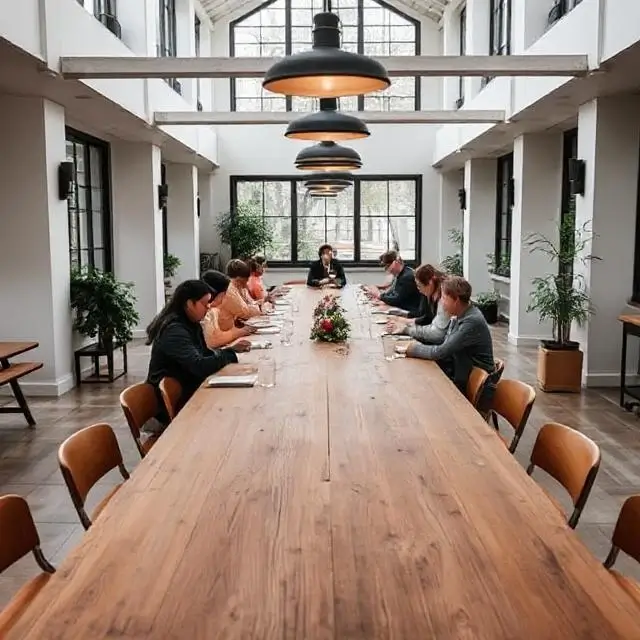 A long communal table for working or groups.
