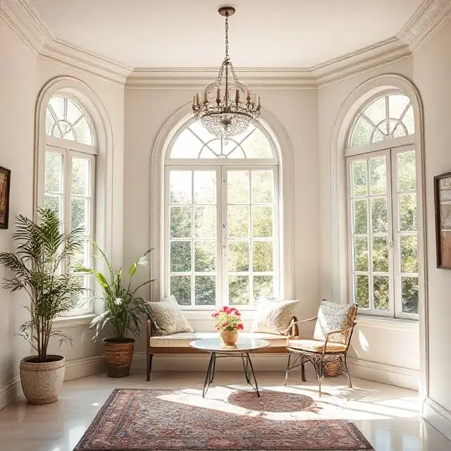 A bright and airy window seating area.