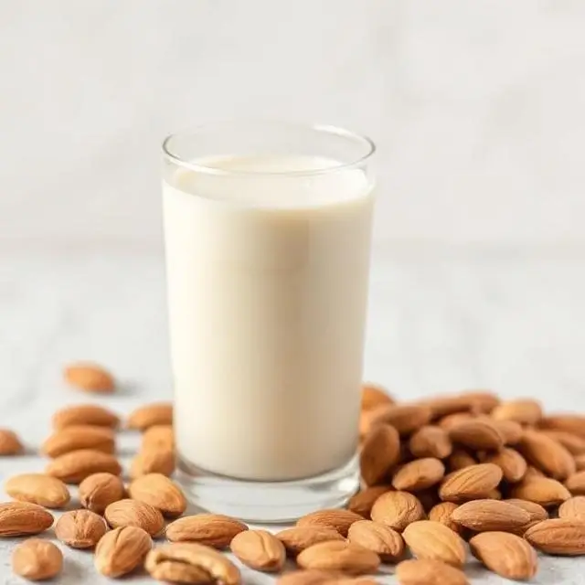 A glass of almond milk next to fresh almonds.