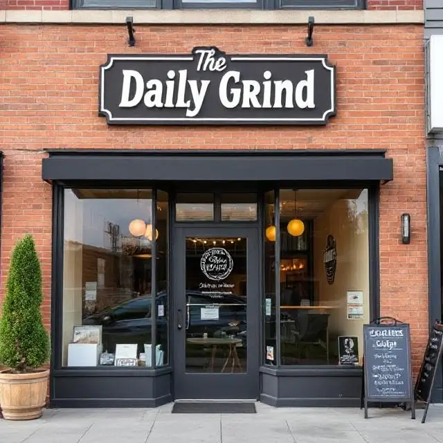 The inviting exterior storefront of The Daily Grind coffee shop.