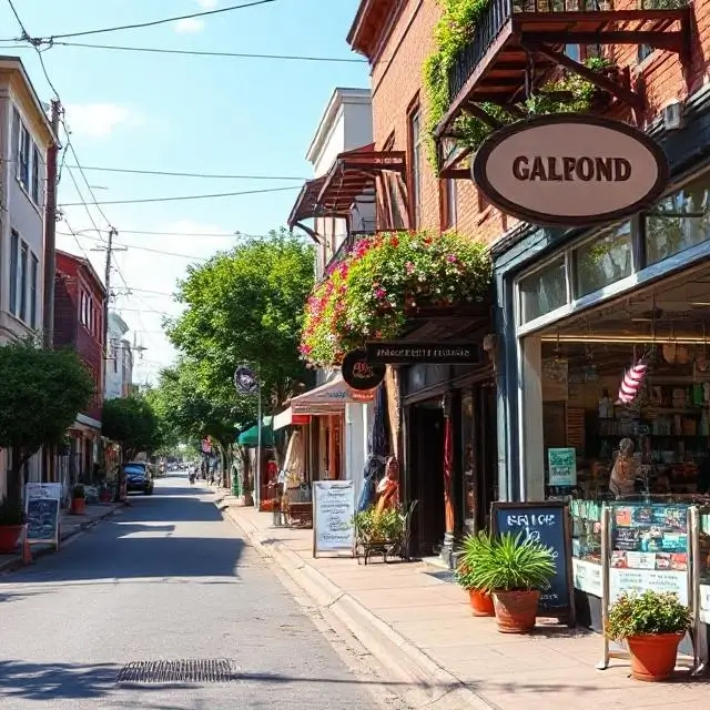 A vibrant street view of the neighborhood with colorful murals and local shops.