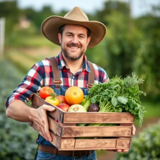 A friendly local farmer holding a crate of fresh produce.