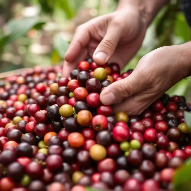 Hands carefully selecting fresh coffee cherries.