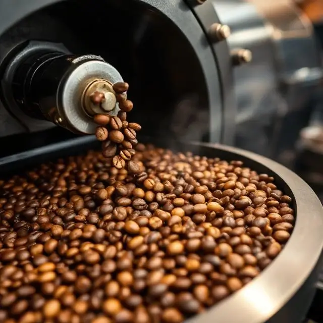 Coffee beans being roasted in a state-of-the-art roaster.