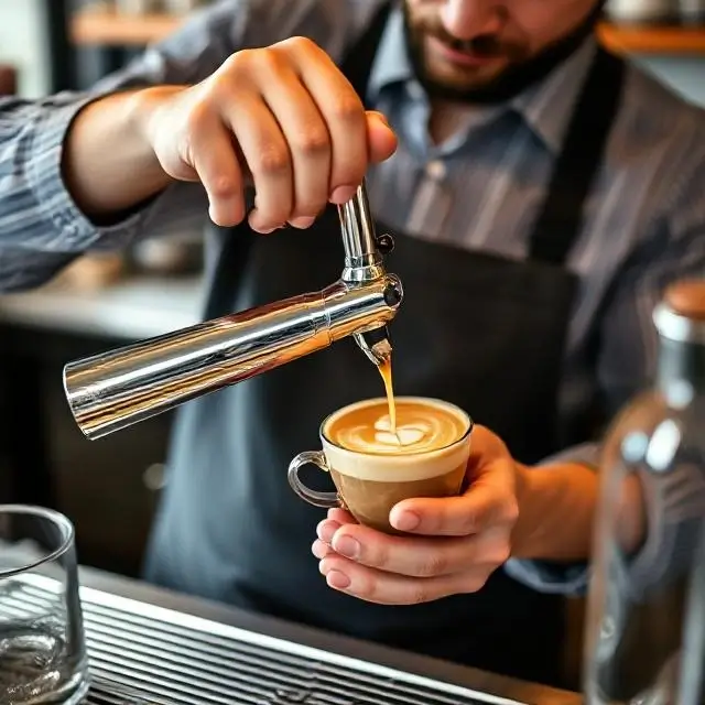 A barista expertly pouring a latte.