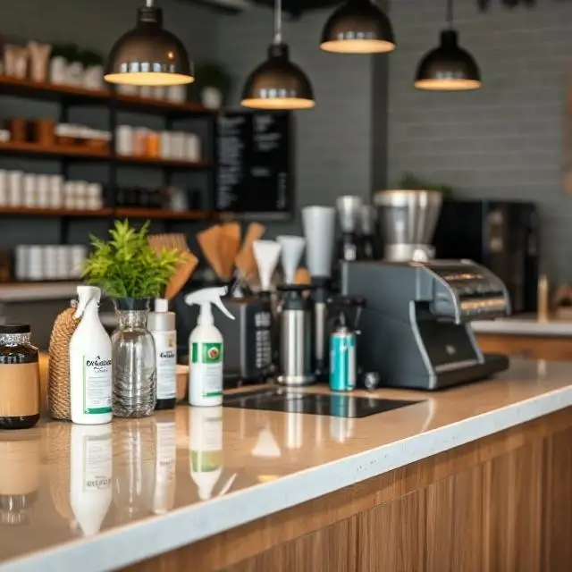 A clean and sanitized counter space at the coffee shop.