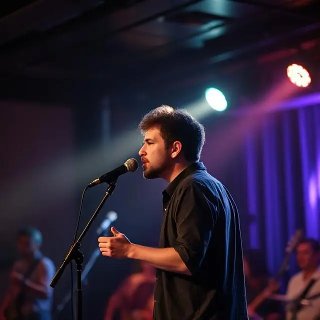 A person performing on stage with a microphone during an open mic night.