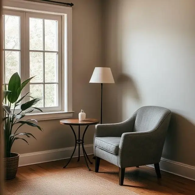 A quiet, cozy nook with an armchair and a small table.