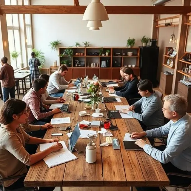 A large wooden communal table where people are working and chatting.