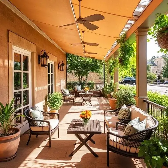 The sun-drenched outdoor patio with comfortable seating.