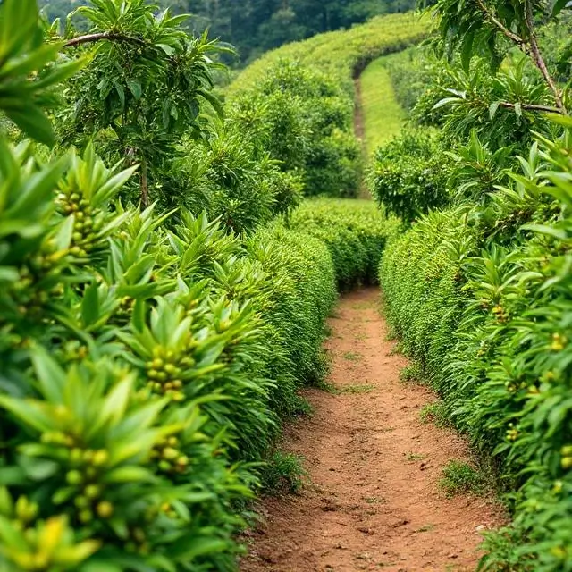 A lush, green coffee farm, highlighting our commitment to sustainable sourcing.