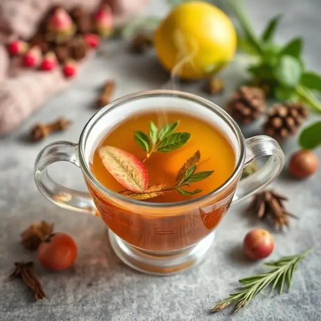 A steaming cup of herbal tea with fresh ingredients like citrus and star anise.