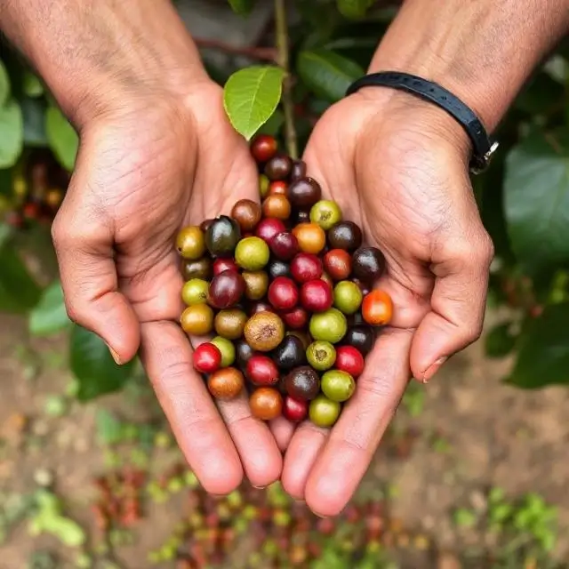 Hands holding fresh coffee cherries at a farm.