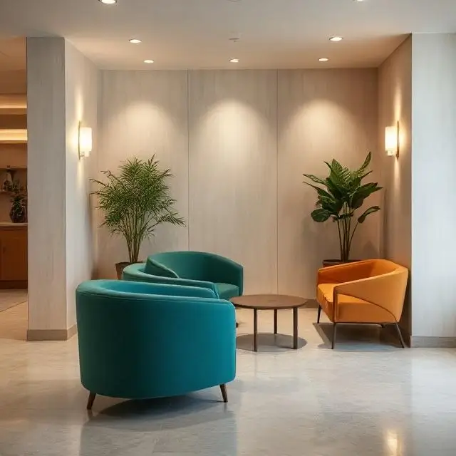 A comfortable seating area with soft lighting.