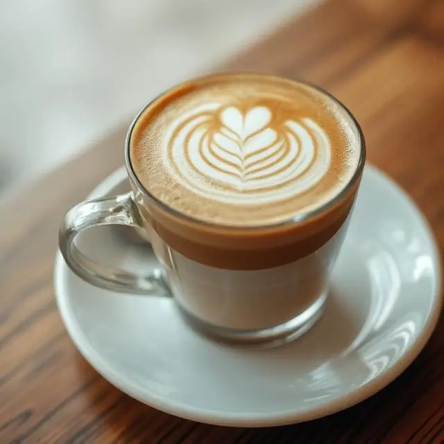 A close-up of a perfectly crafted latte on a wooden table.